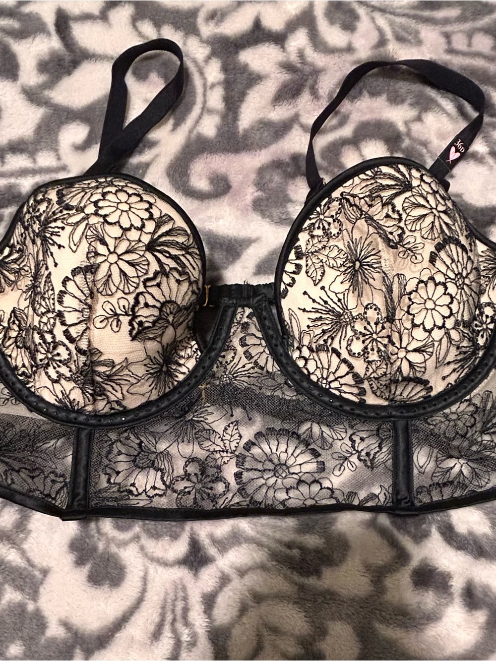 Victoria's Secret Black Floral Lace Longline Bra on Nude